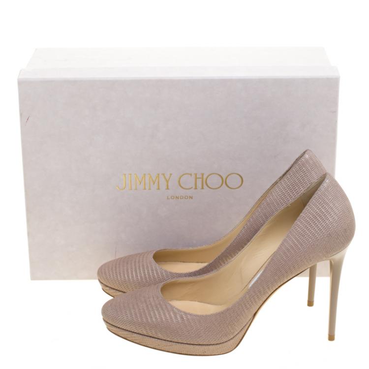 Pre Owned Jimmy Choo Beige Lizard Embossed Glitter Leather Hope Platform Pumps Size 38.5