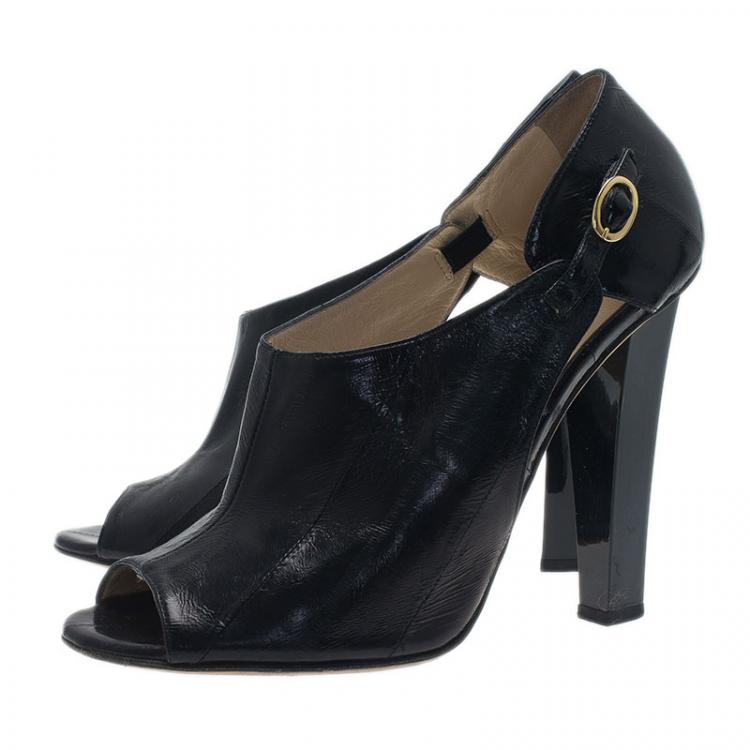 Pre Owned Jimmy Choo Black Leather Peep Toe Ankle Booties Size 37.5
