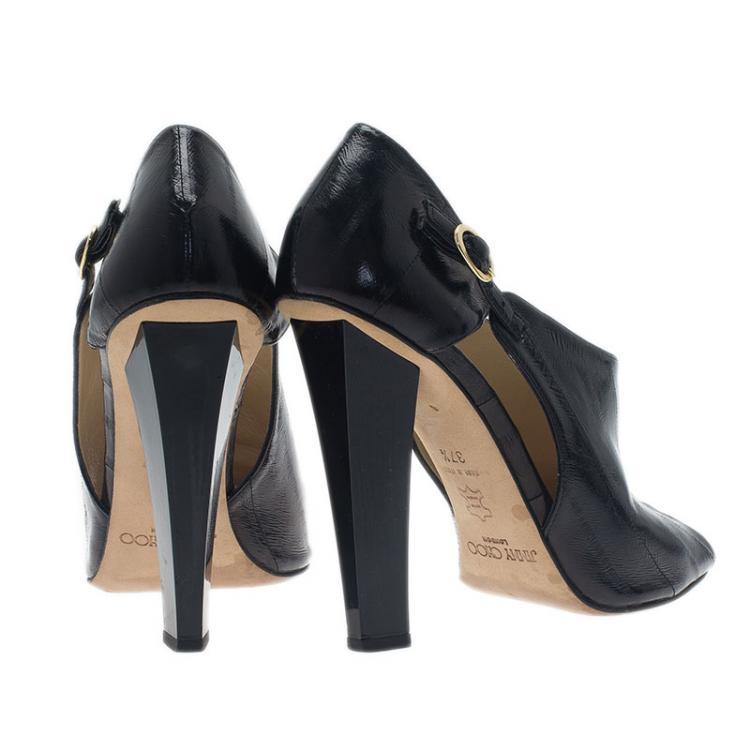 Pre Owned Jimmy Choo Black Leather Peep Toe Ankle Booties Size 37.5