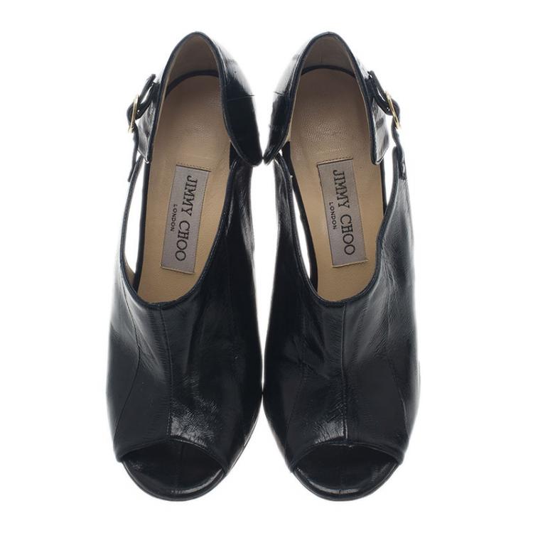 Pre Owned Jimmy Choo Black Leather Peep Toe Ankle Booties Size 37.5