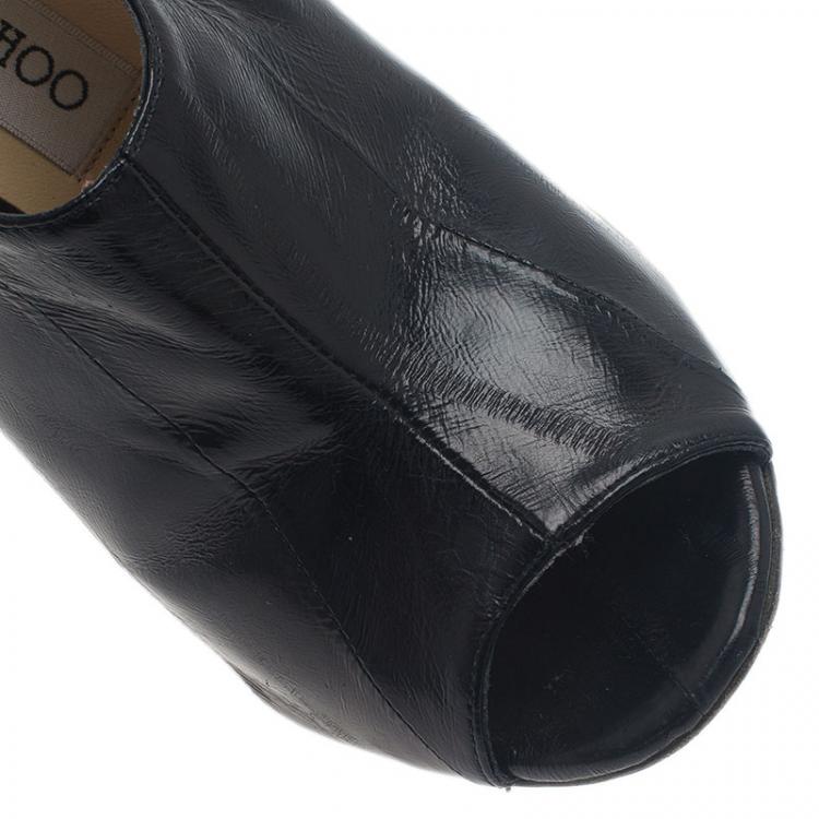 Pre Owned Jimmy Choo Black Leather Peep Toe Ankle Booties Size 37.5
