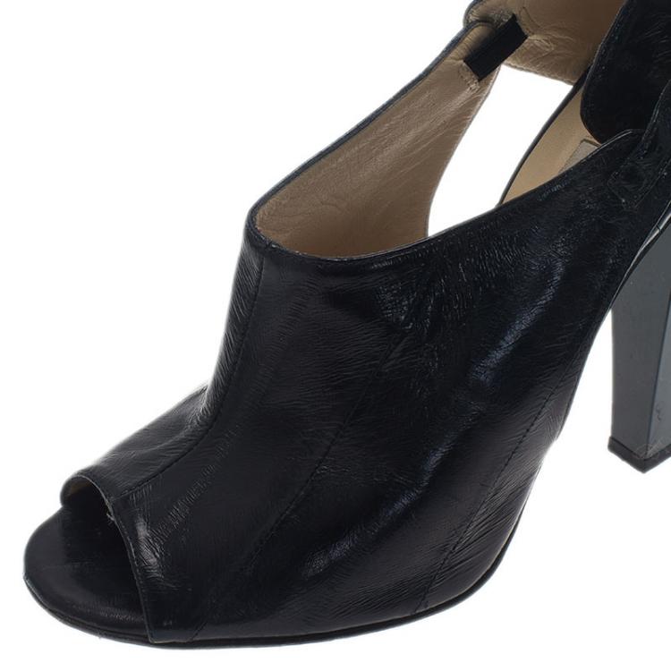 Pre Owned Jimmy Choo Black Leather Peep Toe Ankle Booties Size 37.5