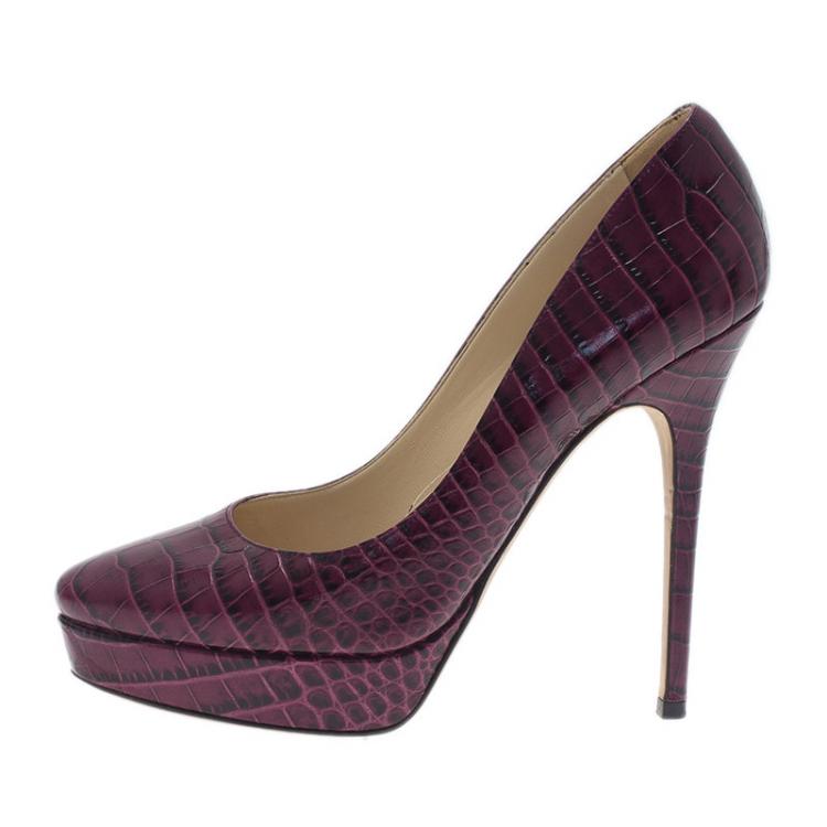 Pre Owned Jimmy Choo Purple Croc Embossed Leather Cosmic Pumps Size 38 