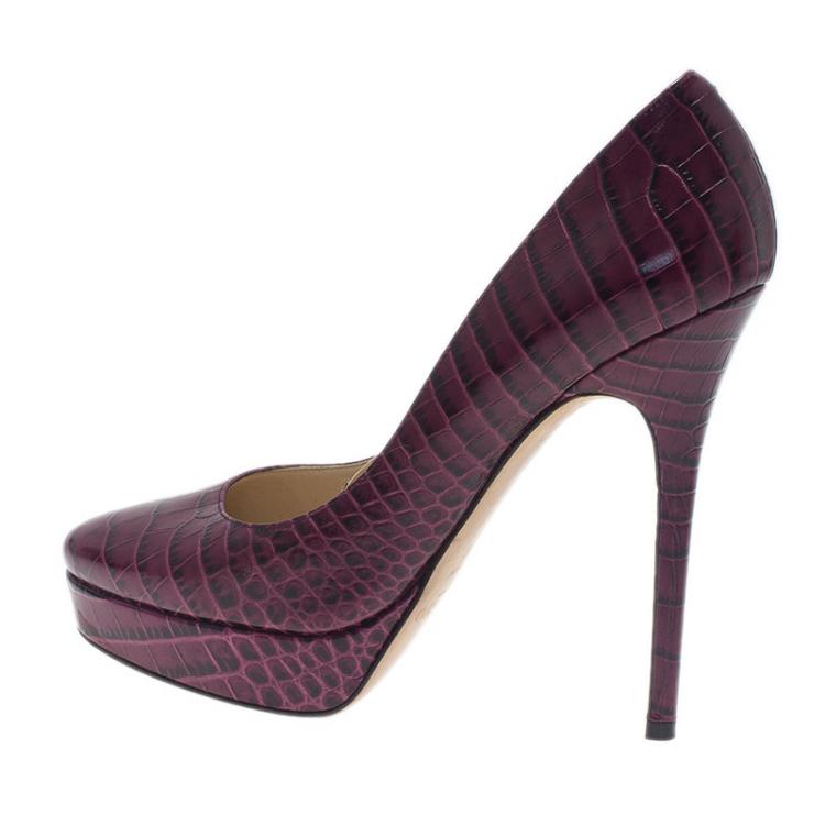Pre Owned Jimmy Choo Purple Croc Embossed Leather Cosmic Pumps Size 38 