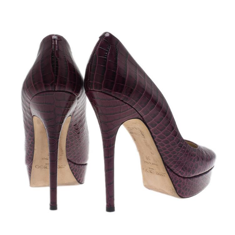 Pre Owned Jimmy Choo Purple Croc Embossed Leather Cosmic Pumps Size 38 