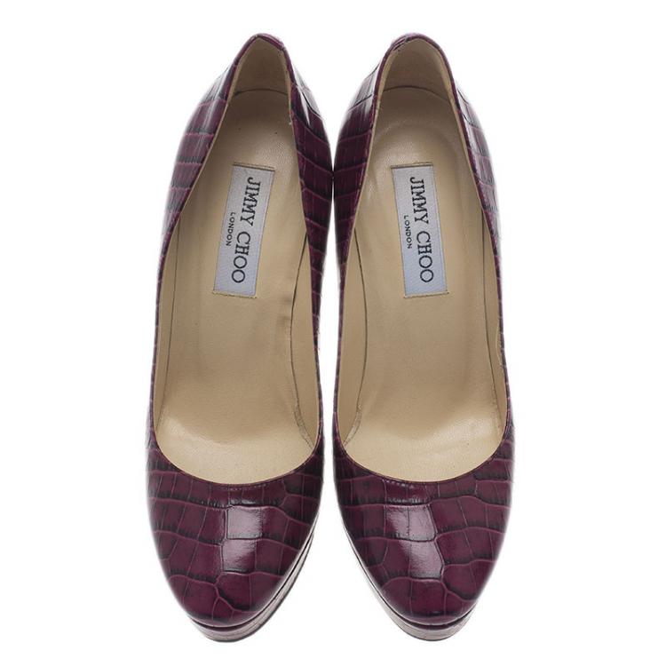 Pre Owned Jimmy Choo Purple Croc Embossed Leather Cosmic Pumps Size 38 