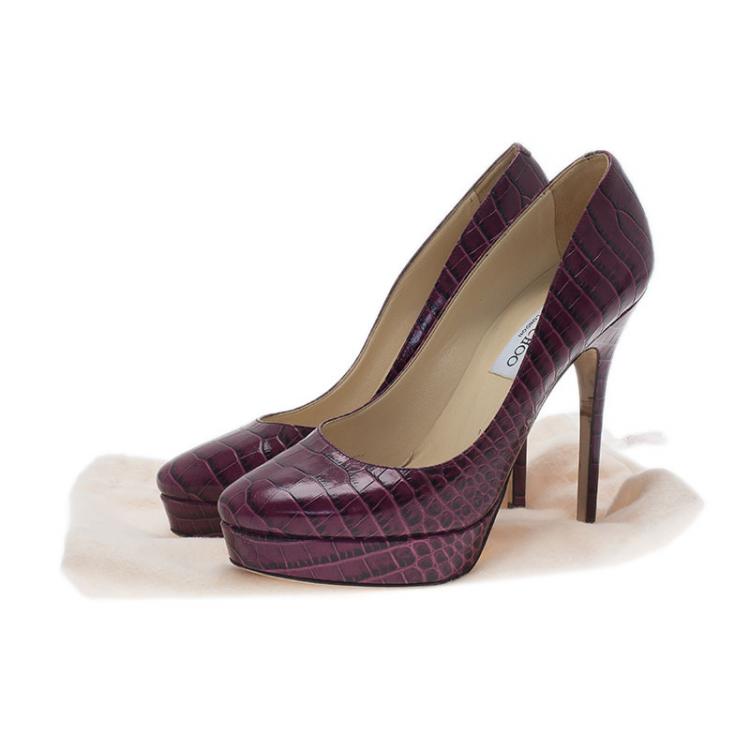 Pre Owned Jimmy Choo Purple Croc Embossed Leather Cosmic Pumps Size 38 