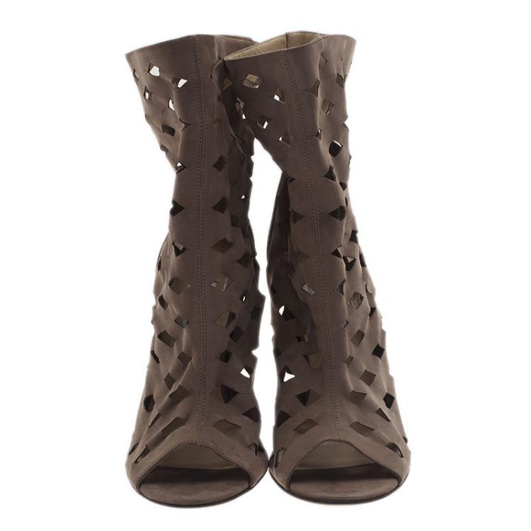 Pre Owned Jimmy Choo Grey Suede Reese Cutout Ankle Boots Size 40.5