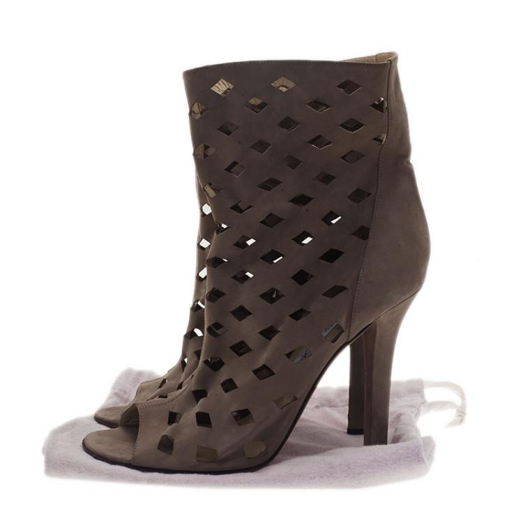 Pre Owned Jimmy Choo Grey Suede Reese Cutout Ankle Boots Size 40.5