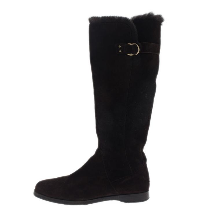 Pre Owned Jimmy Choo Brown Suede Fur Knee Boots Size 37.5 