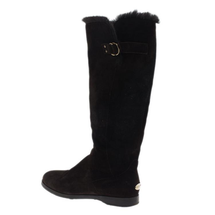 Pre Owned Jimmy Choo Brown Suede Fur Knee Boots Size 37.5 