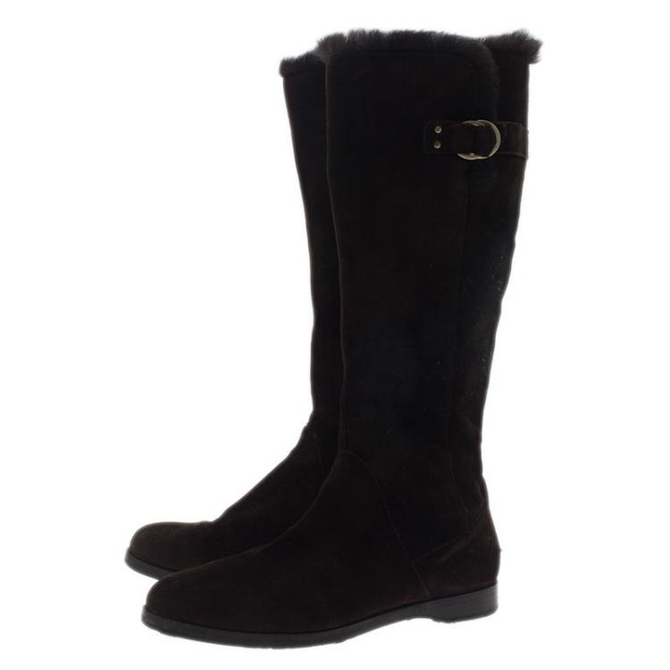 Pre Owned Jimmy Choo Brown Suede Fur Knee Boots Size 37.5 