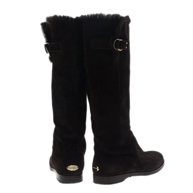 Pre Owned Jimmy Choo Brown Suede Fur Knee Boots Size 37.5 