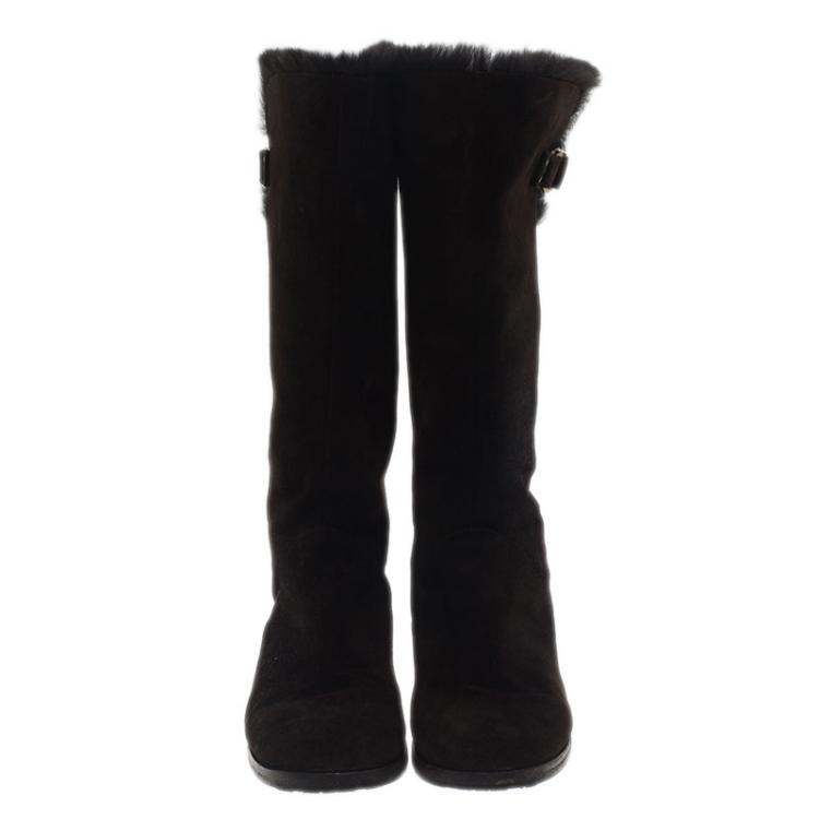 Pre Owned Jimmy Choo Brown Suede Fur Knee Boots Size 37.5 
