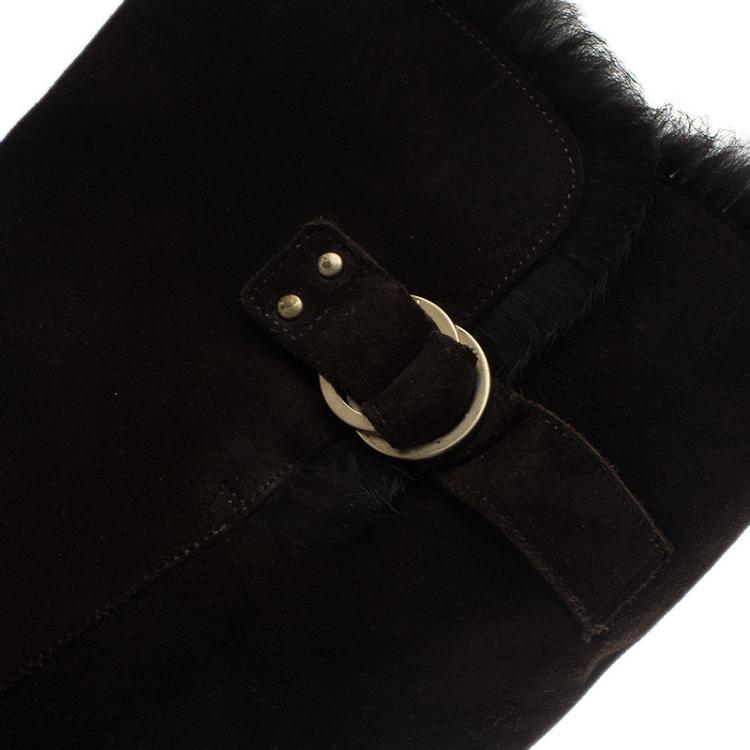 Pre Owned Jimmy Choo Brown Suede Fur Knee Boots Size 37.5 