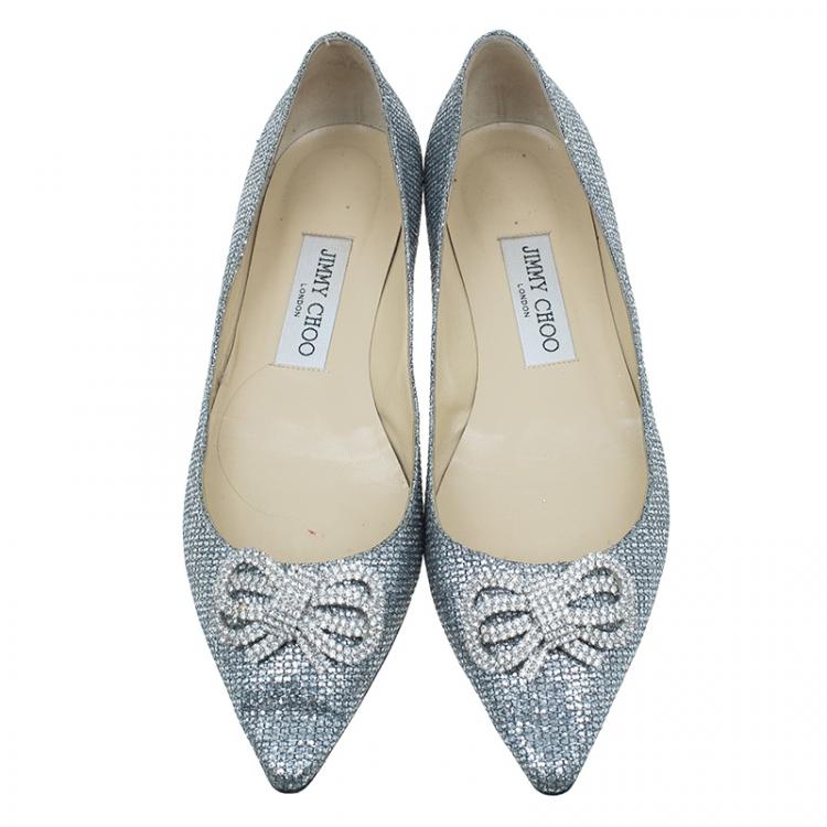 مملوكة مسبقًا Jimmy Choo Glitter and Crystal Raquelle Bow Ballet Flats Size 38