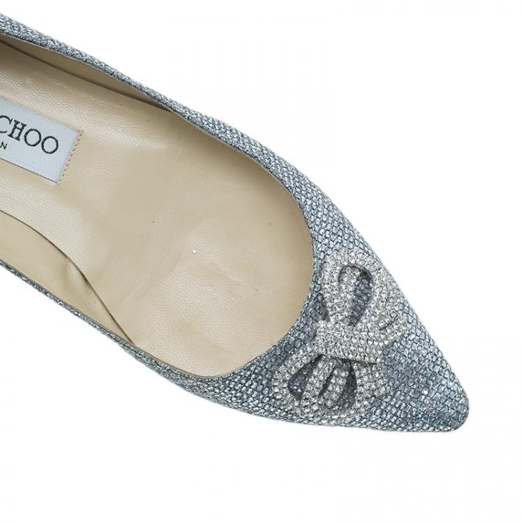 مملوكة مسبقًا Jimmy Choo Glitter and Crystal Raquelle Bow Ballet Flats Size 38