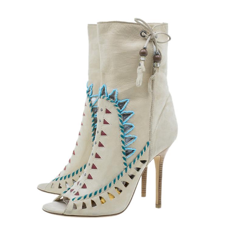 مملوكة مسبقًا Jimmy Choo Beige Suede Embellished 'Zanzibar' Cut-Out Booties Size 40 
