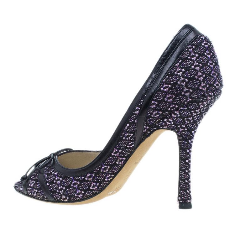Pre Owned Jimmy Choo Black and Purple Tweed Bow Peep Toe Pumps Size 38
