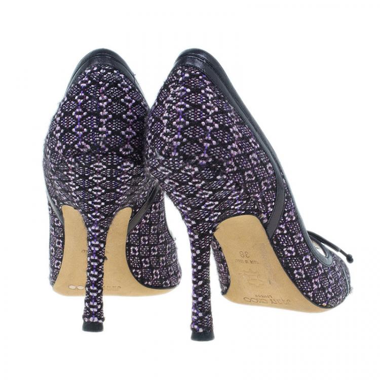 Pre Owned Jimmy Choo Black and Purple Tweed Bow Peep Toe Pumps Size 38