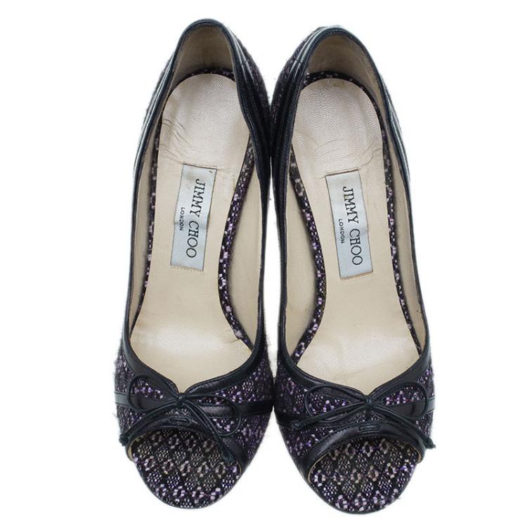 Pre Owned Jimmy Choo Black and Purple Tweed Bow Peep Toe Pumps Size 38