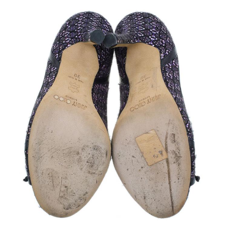 Pre Owned Jimmy Choo Black and Purple Tweed Bow Peep Toe Pumps Size 38