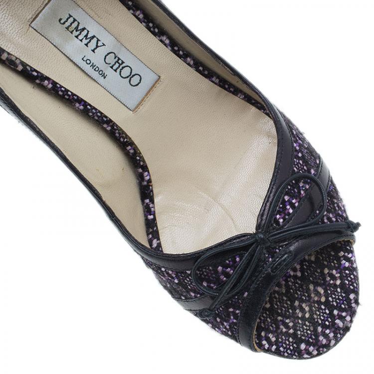 Pre Owned Jimmy Choo Black and Purple Tweed Bow Peep Toe Pumps Size 38