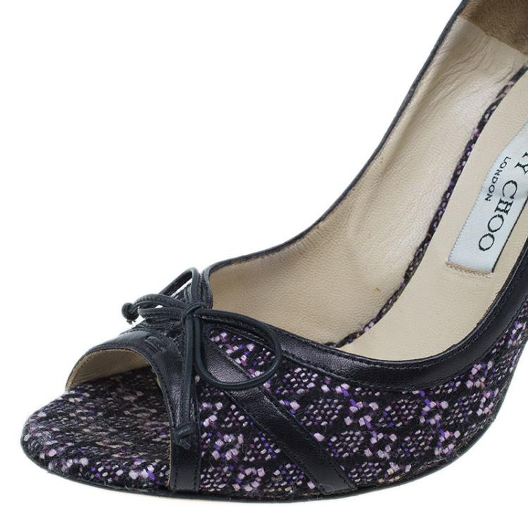 Pre Owned Jimmy Choo Black and Purple Tweed Bow Peep Toe Pumps Size 38