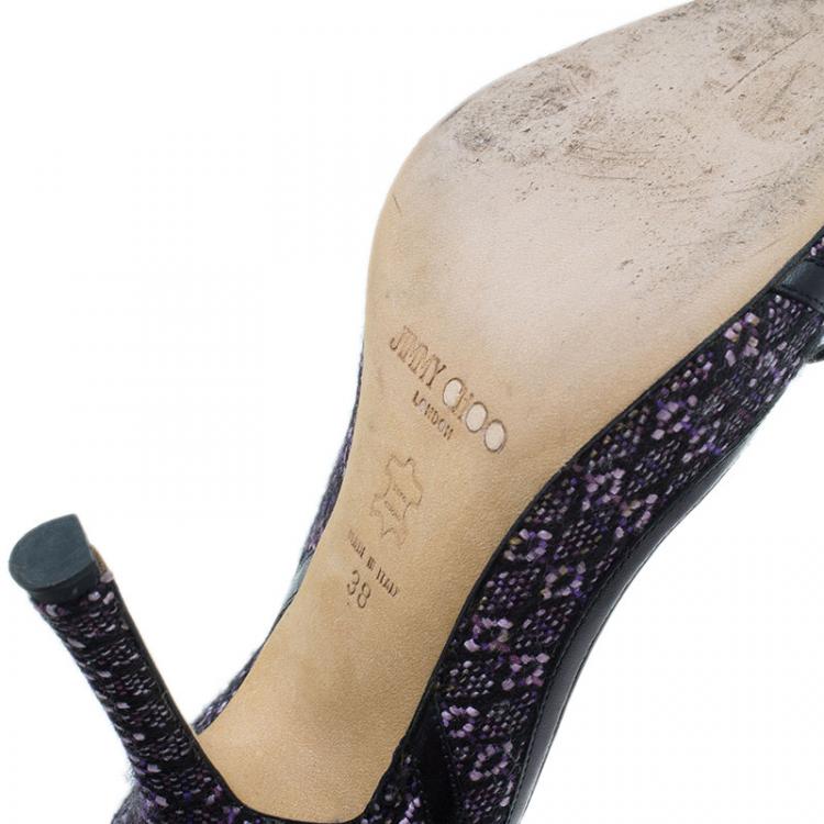 Pre Owned Jimmy Choo Black and Purple Tweed Bow Peep Toe Pumps Size 38