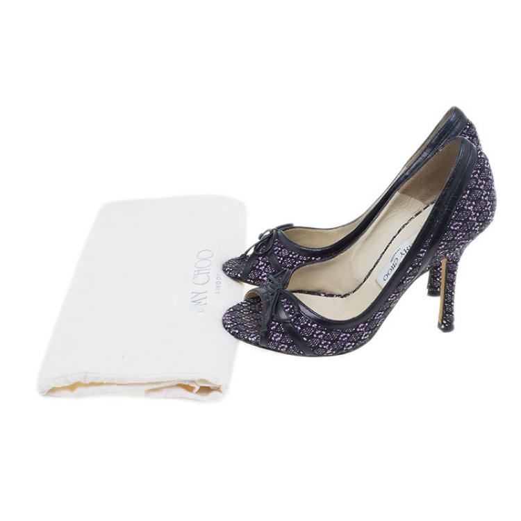 Pre Owned Jimmy Choo Black and Purple Tweed Bow Peep Toe Pumps Size 38