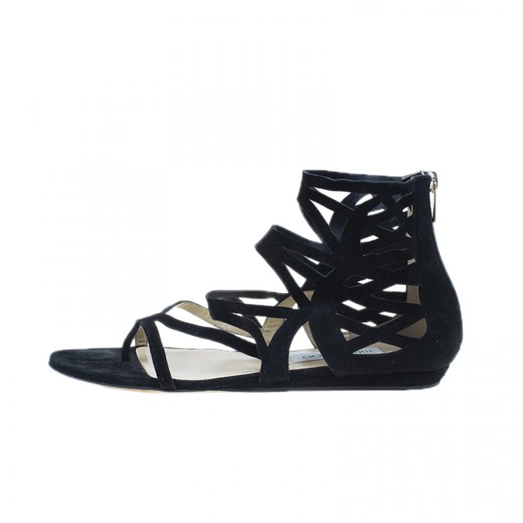 Pre Owned Jimmy Choo Black Suede Vernie Laser Cut Gladiator Sandals Size 38.5