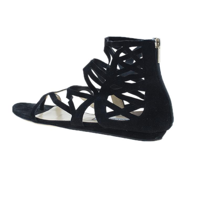 Pre Owned Jimmy Choo Black Suede Vernie Laser Cut Gladiator Sandals Size 38.5