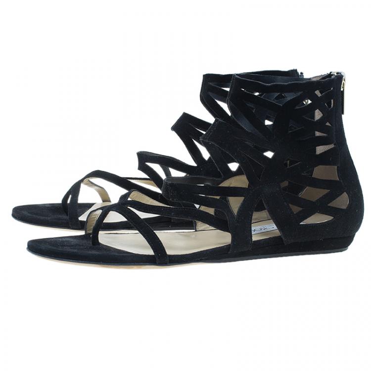 Pre Owned Jimmy Choo Black Suede Vernie Laser Cut Gladiator Sandals Size 38.5