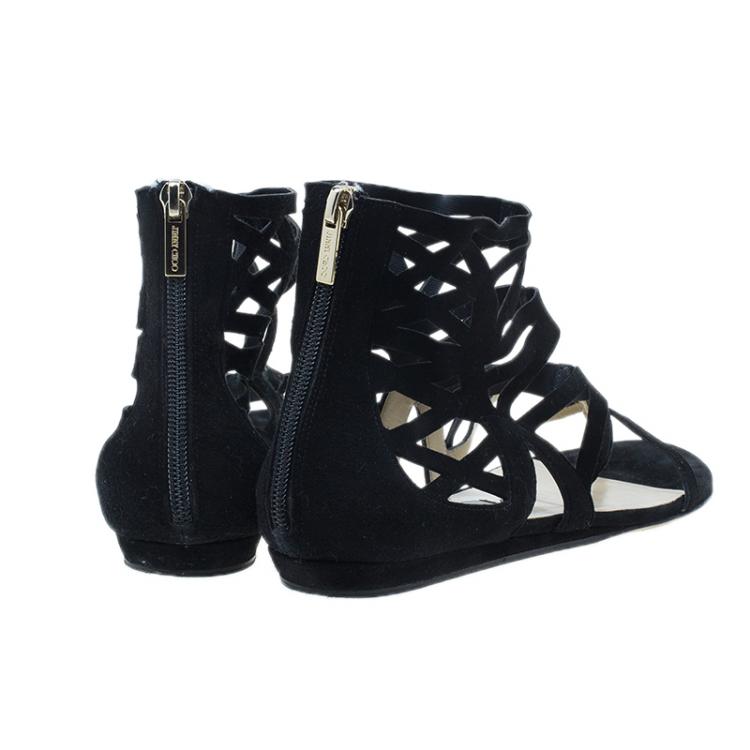 Pre Owned Jimmy Choo Black Suede Vernie Laser Cut Gladiator Sandals Size 38.5