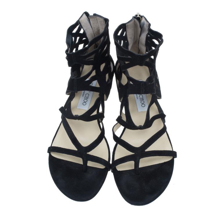 Pre Owned Jimmy Choo Black Suede Vernie Laser Cut Gladiator Sandals Size 38.5