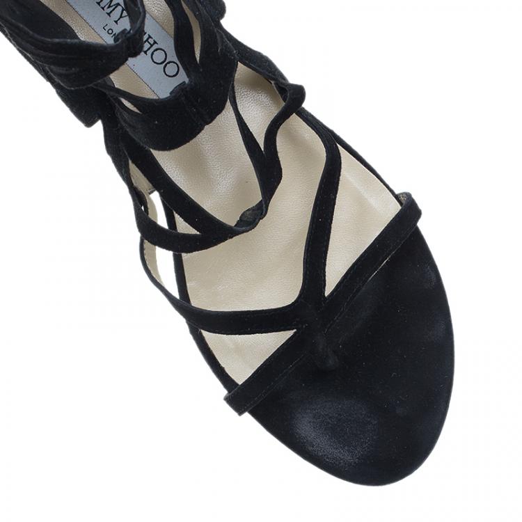 Pre Owned Jimmy Choo Black Suede Vernie Laser Cut Gladiator Sandals Size 38.5