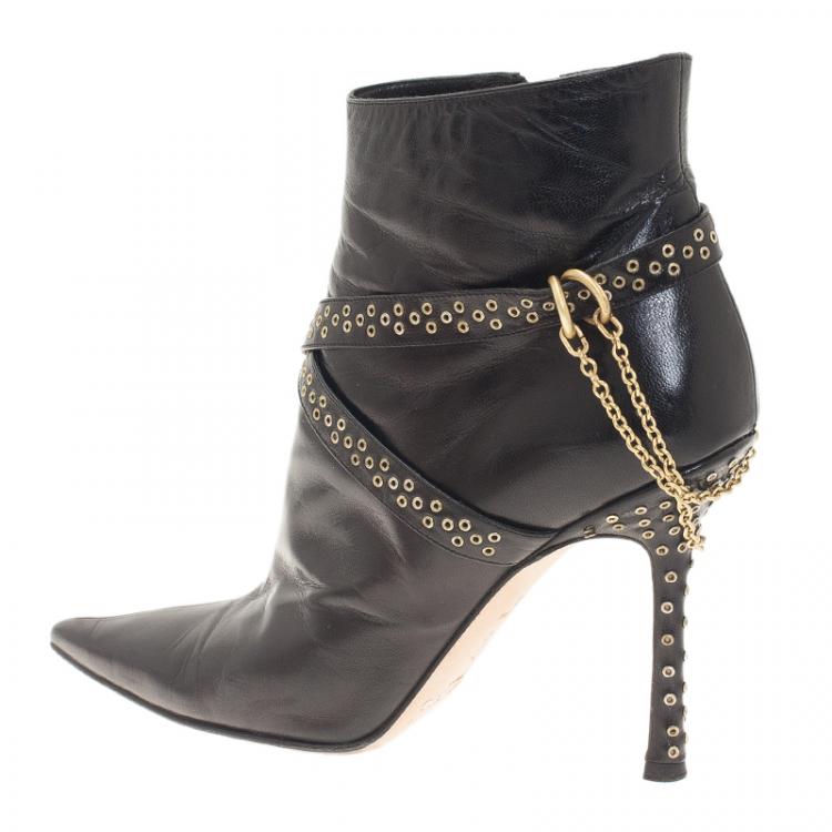 Pre Owned Jimmy Choo Black Leather Grommet Strap and Chain Detail Ankle Boots Size 38.5