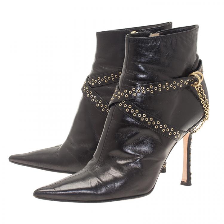 Pre Owned Jimmy Choo Black Leather Grommet Strap and Chain Detail Ankle Boots Size 38.5