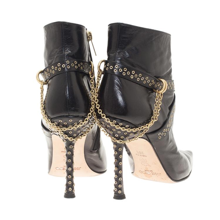 Pre Owned Jimmy Choo Black Leather Grommet Strap and Chain Detail Ankle Boots Size 38.5