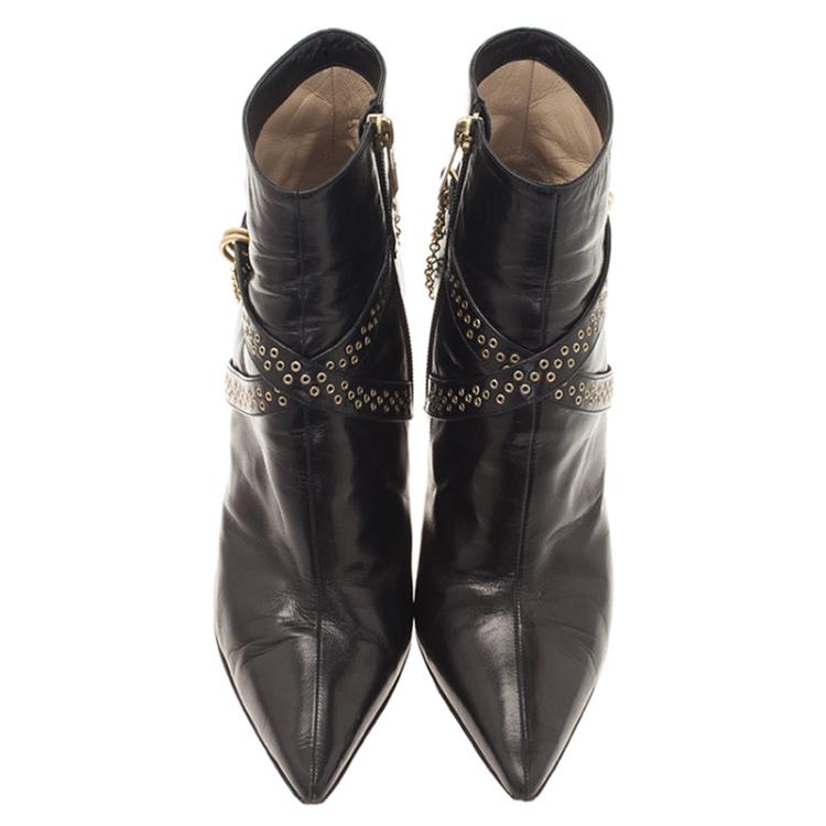 Pre Owned Jimmy Choo Black Leather Grommet Strap and Chain Detail Ankle Boots Size 38.5