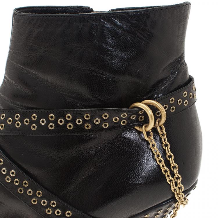 Pre Owned Jimmy Choo Black Leather Grommet Strap and Chain Detail Ankle Boots Size 38.5