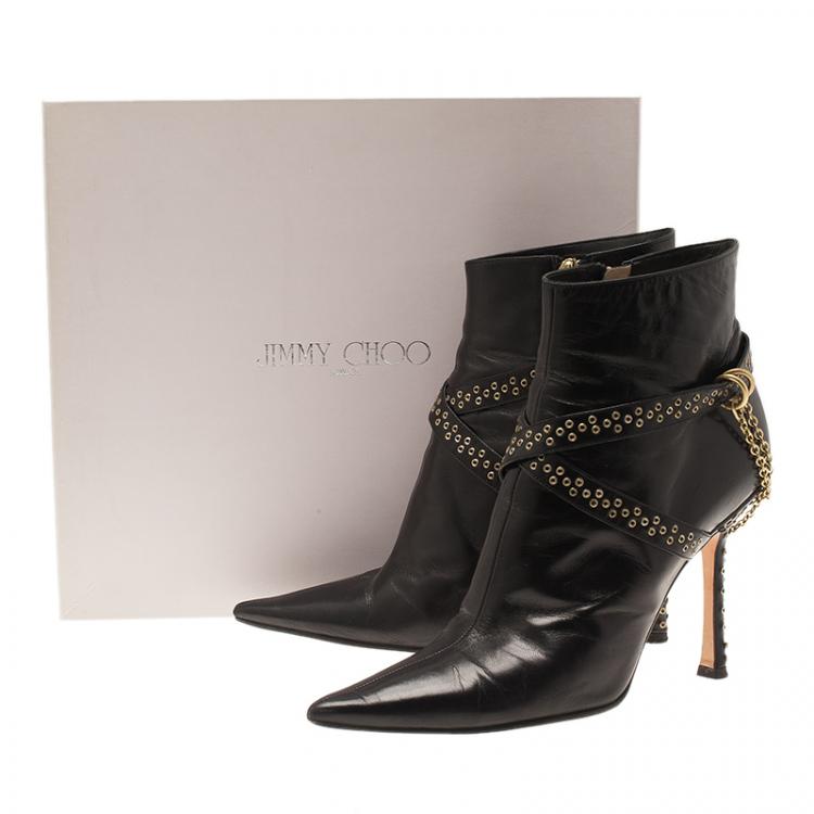 Pre Owned Jimmy Choo Black Leather Grommet Strap and Chain Detail Ankle Boots Size 38.5