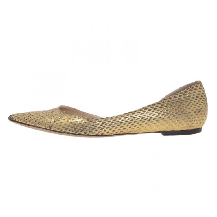 Pre Owned Jimmy Choo Metallic Gold Embossed Leather D'Orsay Pointed Toe Flats Size 39.5