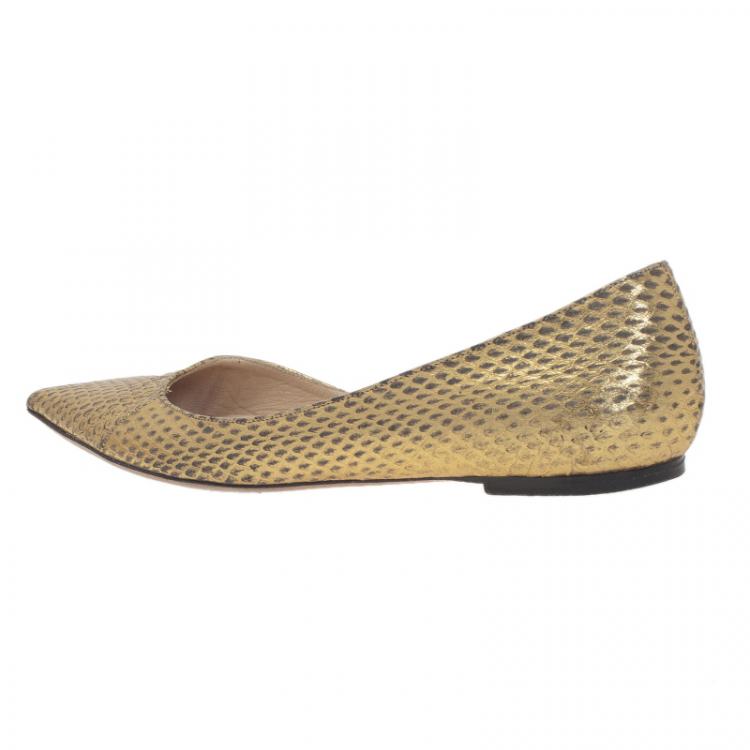 Pre Owned Jimmy Choo Metallic Gold Embossed Leather D'Orsay Pointed Toe Flats Size 39.5