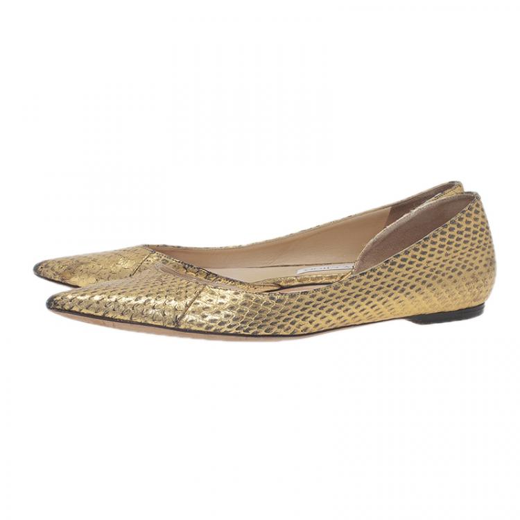 Pre Owned Jimmy Choo Metallic Gold Embossed Leather D'Orsay Pointed Toe Flats Size 39.5