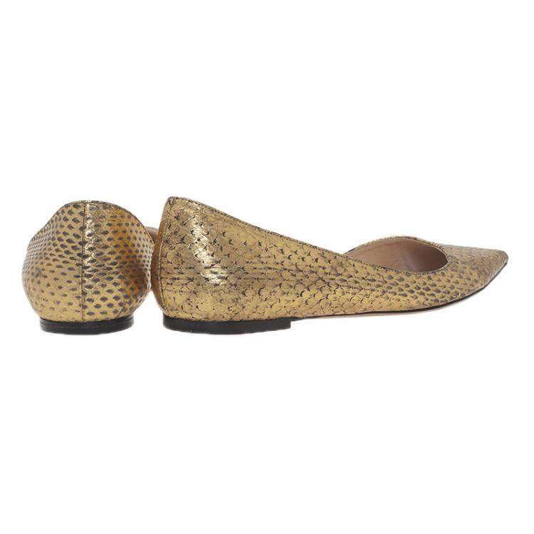 Pre Owned Jimmy Choo Metallic Gold Embossed Leather D'Orsay Pointed Toe Flats Size 39.5