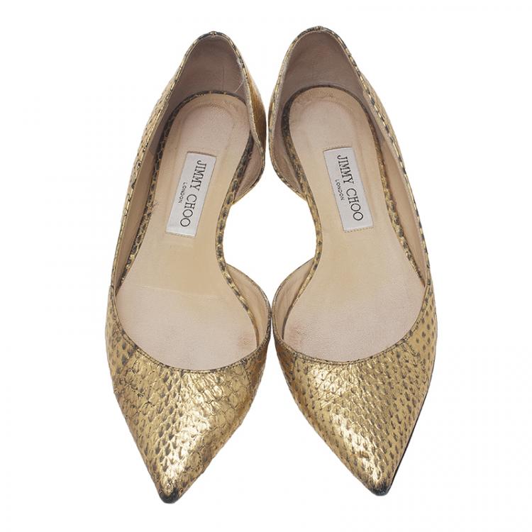 Pre Owned Jimmy Choo Metallic Gold Embossed Leather D'Orsay Pointed Toe Flats Size 39.5