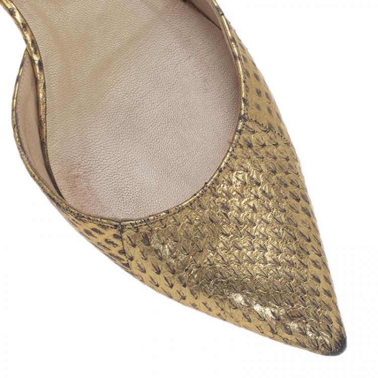 Pre Owned Jimmy Choo Metallic Gold Embossed Leather D'Orsay Pointed Toe Flats Size 39.5