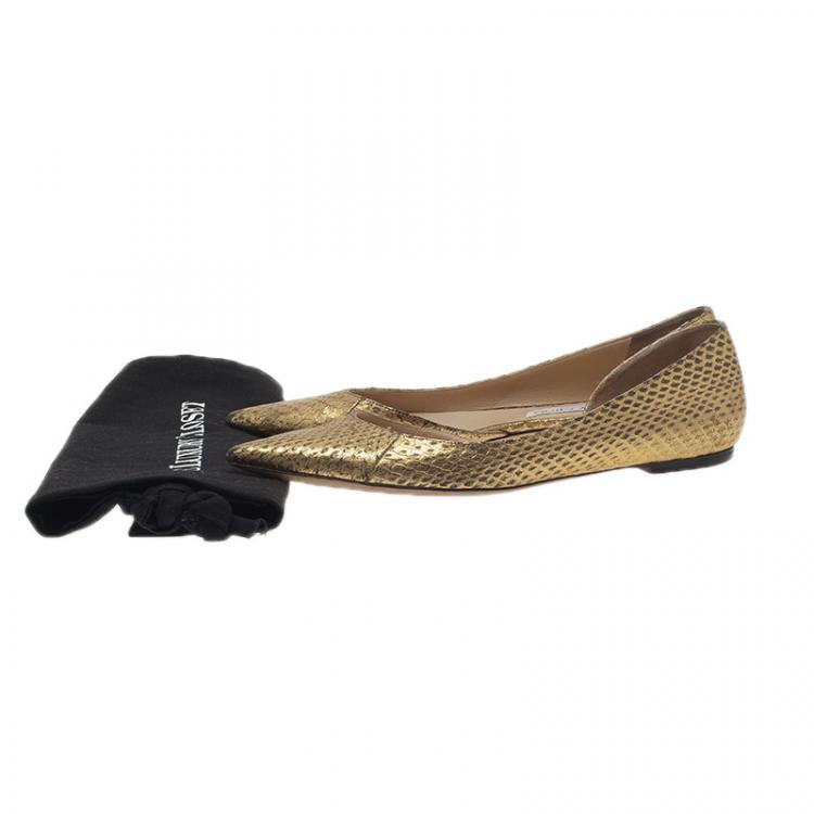 Pre Owned Jimmy Choo Metallic Gold Embossed Leather D'Orsay Pointed Toe Flats Size 39.5