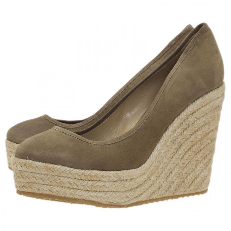 Pre Owned Jimmy Choo Military Green Suede and Cork Pacita Wedges Size 39